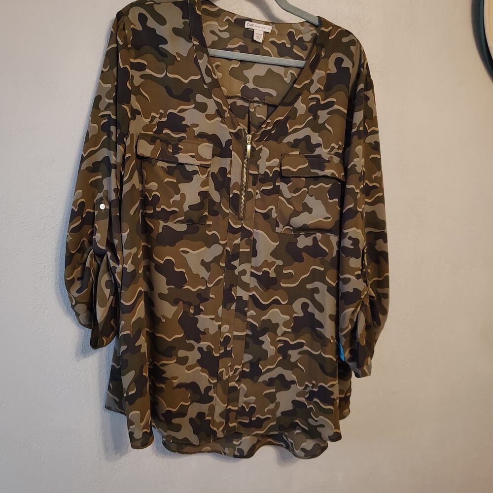 Cato 18/20W Camo Utility Tunic Blouse Half Zip Roll Tab Sleeve Plus Size